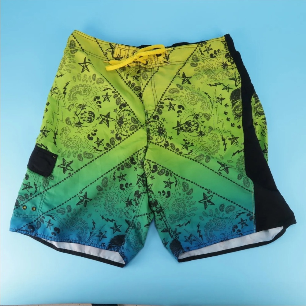 Joe Boxer Men's Swim Trunks Shorts Green Blue Black Skull Star Print Size L